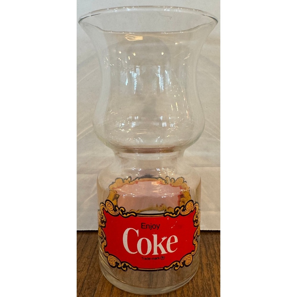 Vintage Coca-Cola Glass Hurricane Vase Enjoy Coke Logo Red Gold Scrollwork